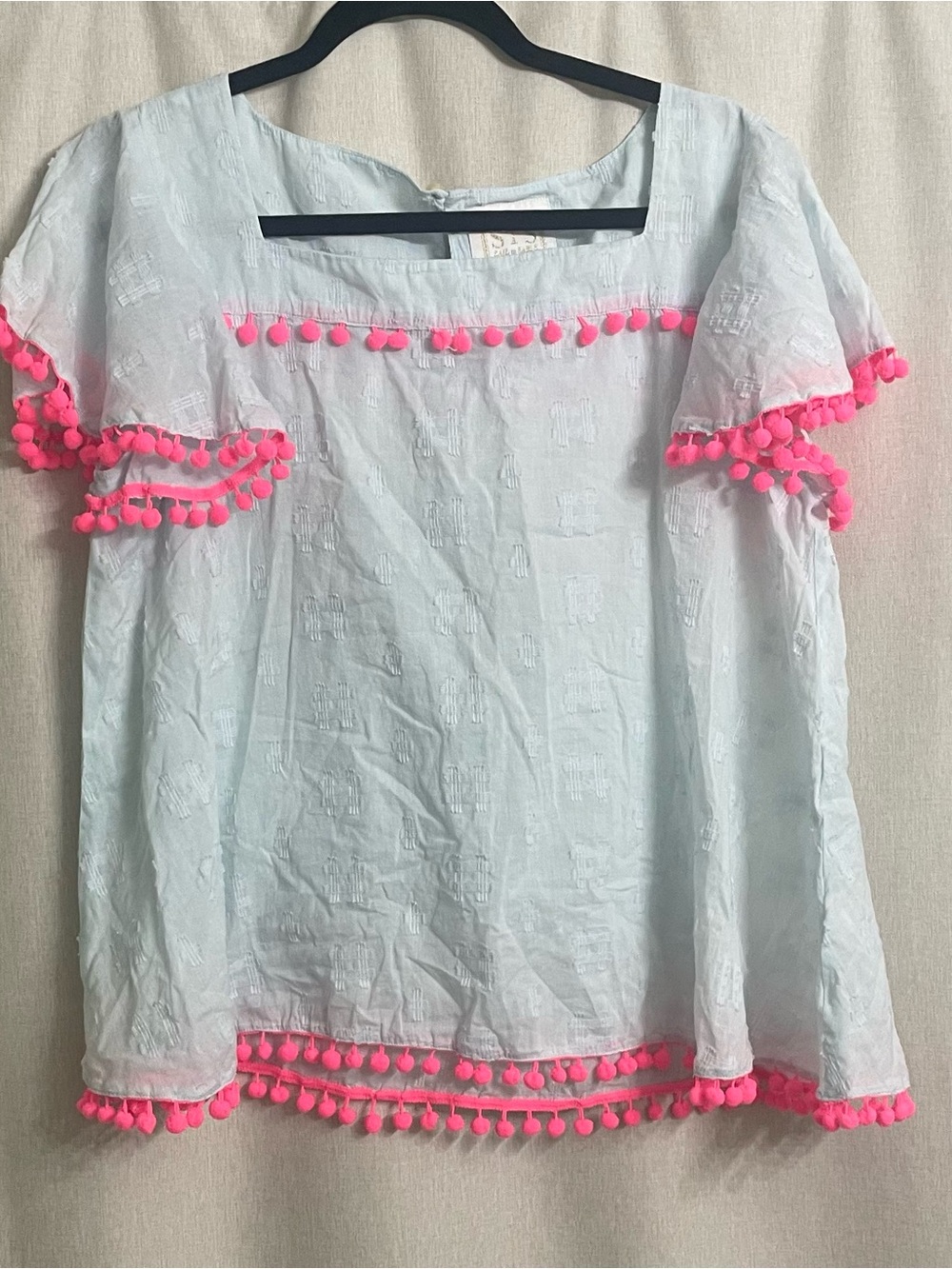 Sail to Sable STS Blue Cotton Neon Pink Pom Pom Trim Top Size M